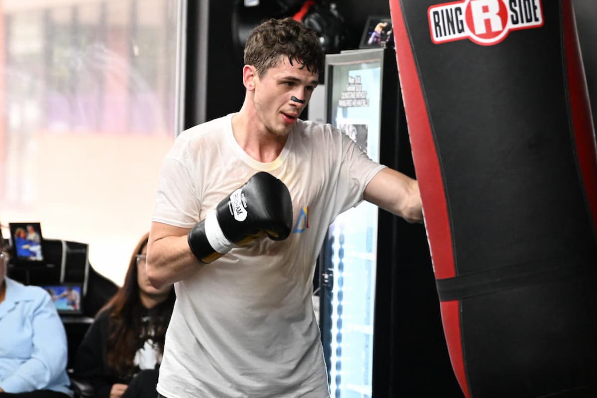 Thomas LaManna punches bag during a media workout