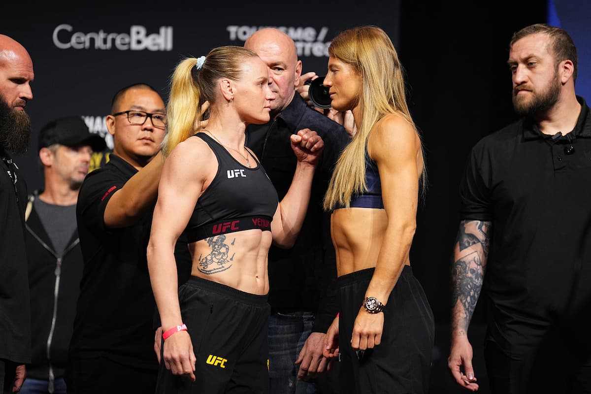 Valentina Shevchenko and Manon Fiorot face off at the UFC 315 ceremonial weigh-in, ahead of their MMA bout in Montreal