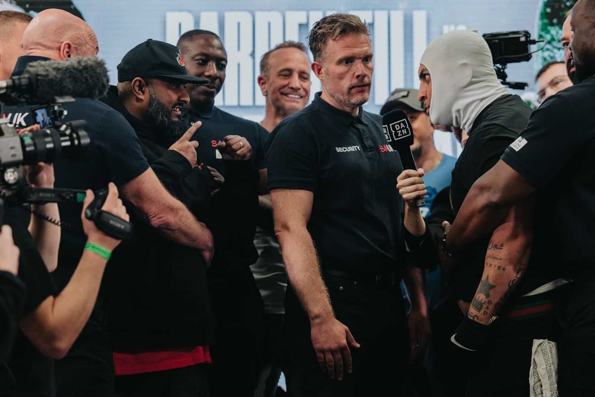Wakey Wines and MoDeen during the Misfits Boxing 21 weigh-in in Derby, England