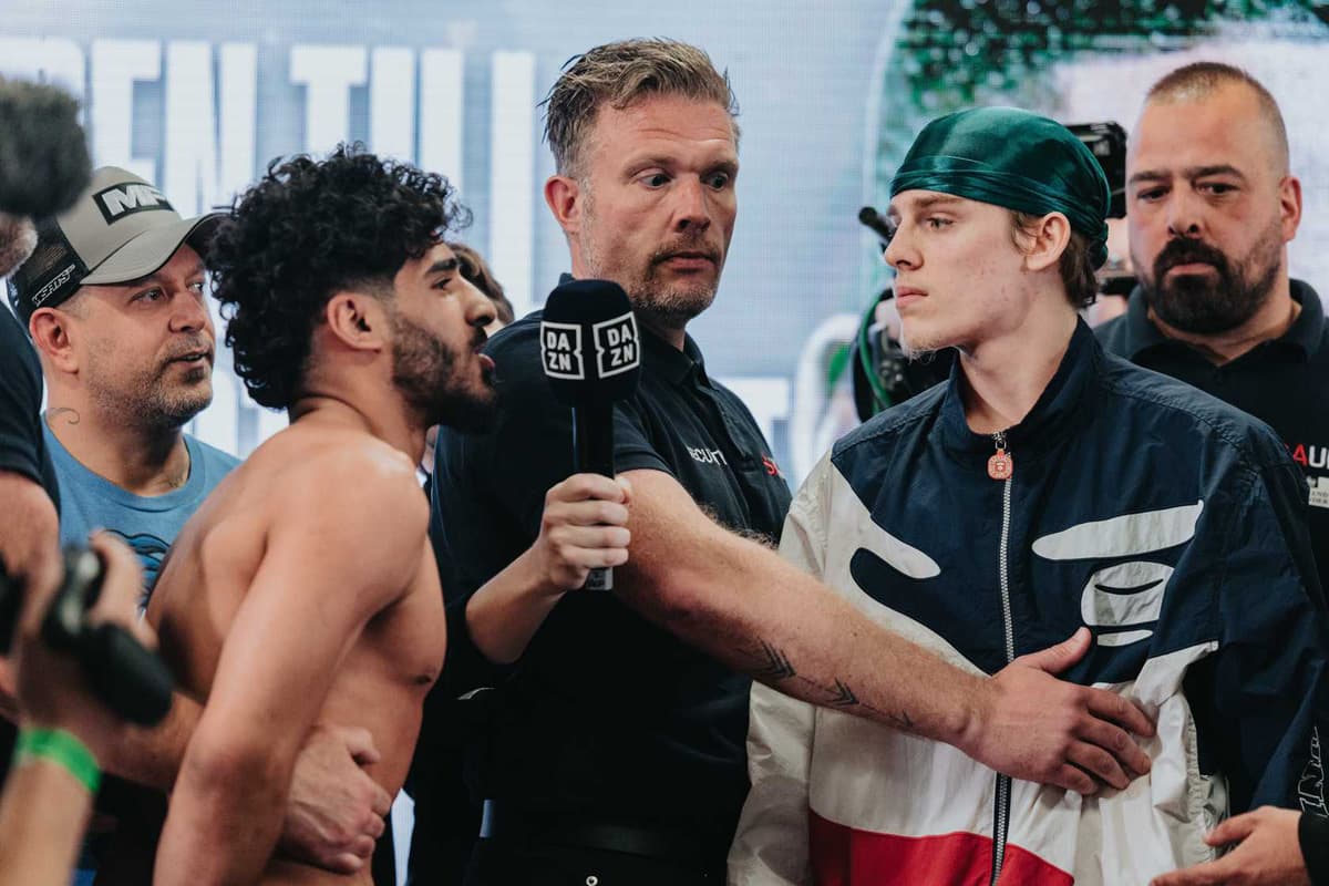 Walid Sharks and FoxTheG during the Misfits Boxing 21 weigh-in in Derby, England