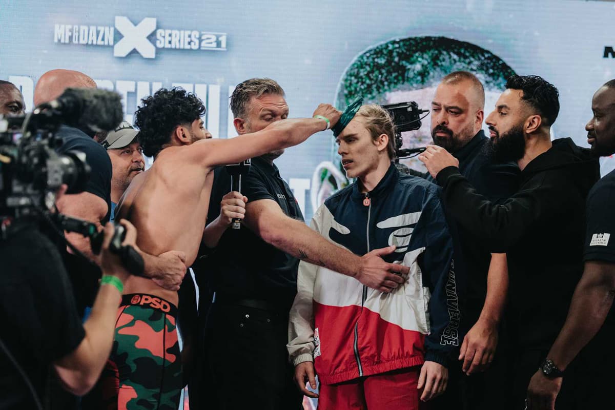 Walid Sharks and Foxtheg come to face face before their fight when boxing of Misfits 21 in Derby, England.