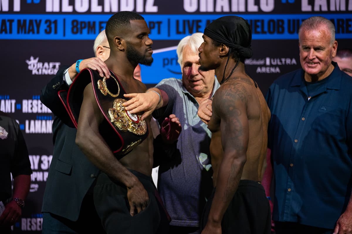 Yoenli Feliciano Hernandez and Kyrone Davis come face-to-face during the weigh-in ahead of their bout in Las Vegas