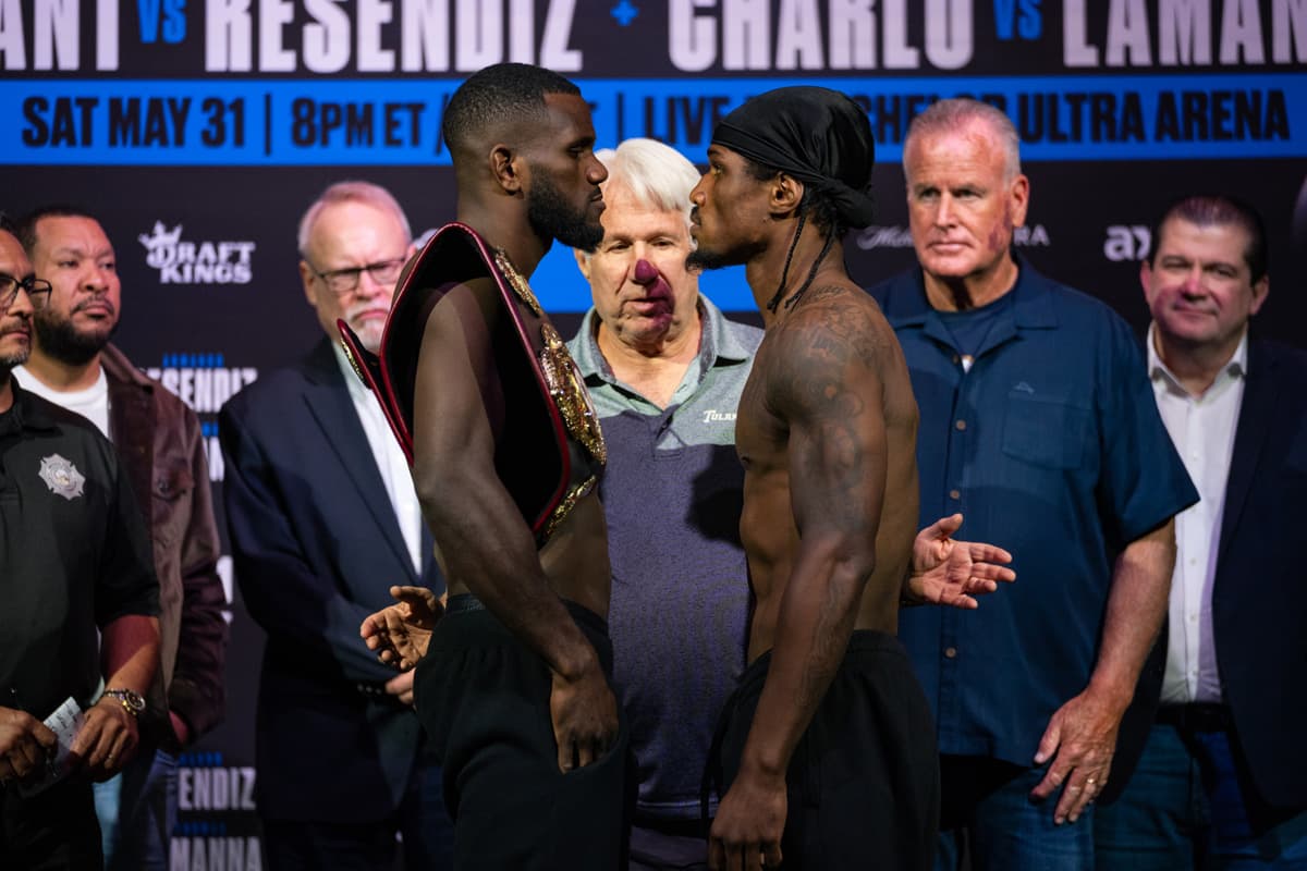 Yoenli Feliciano Hernandez and Kyrone Davis during the weigh-in ahead of their bout in Las Vegas