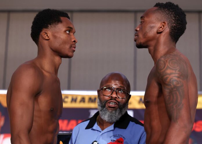 Abdullah Mason and Jeremia Nakathila come face-to-face at the weigh-in, ahead of their boxing bout at Norfolk Scope Arena
