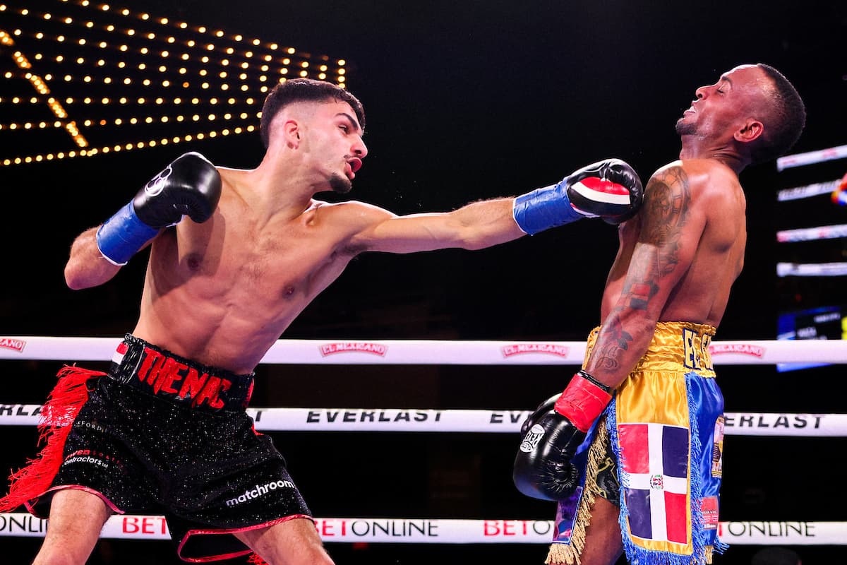 Adam Maca throws a jab during his bout against Rafael Castillo at The Theater at MSG in New York