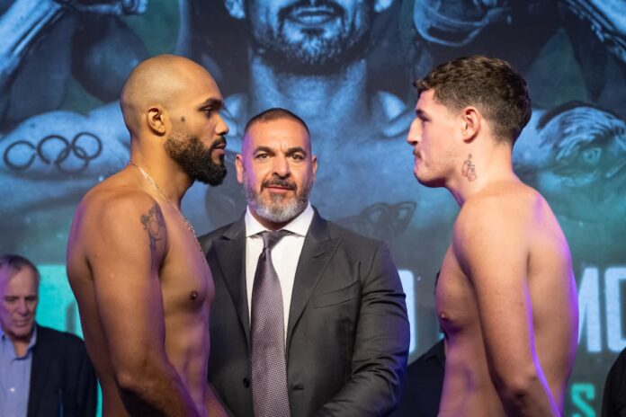 Albert Ramirez and Michael Alan Flannery come face-to-face at the weigh-in, ahead of their boxing bout at Cabaret du Casino in Montreal