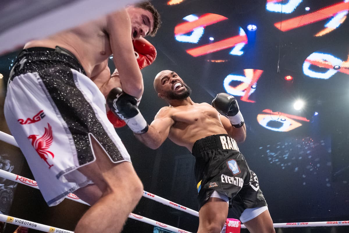 Albert Ramirez throws an uppercut during his bout against Michael Alan Flannery in Montreal