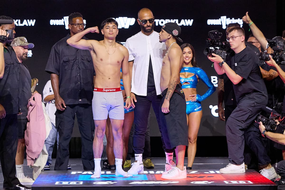 Alexander Gueche and Vincent Avina during the weigh-in ahead of their bout in Anaheim, CA