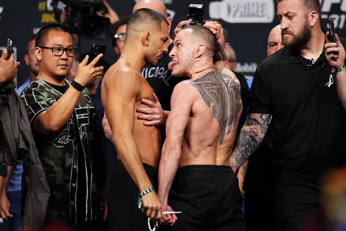 Alexandre Pantoja and Kai Kara-France face each other at the UFC 317 ceremonial weigh-in ahead of their MMA bout