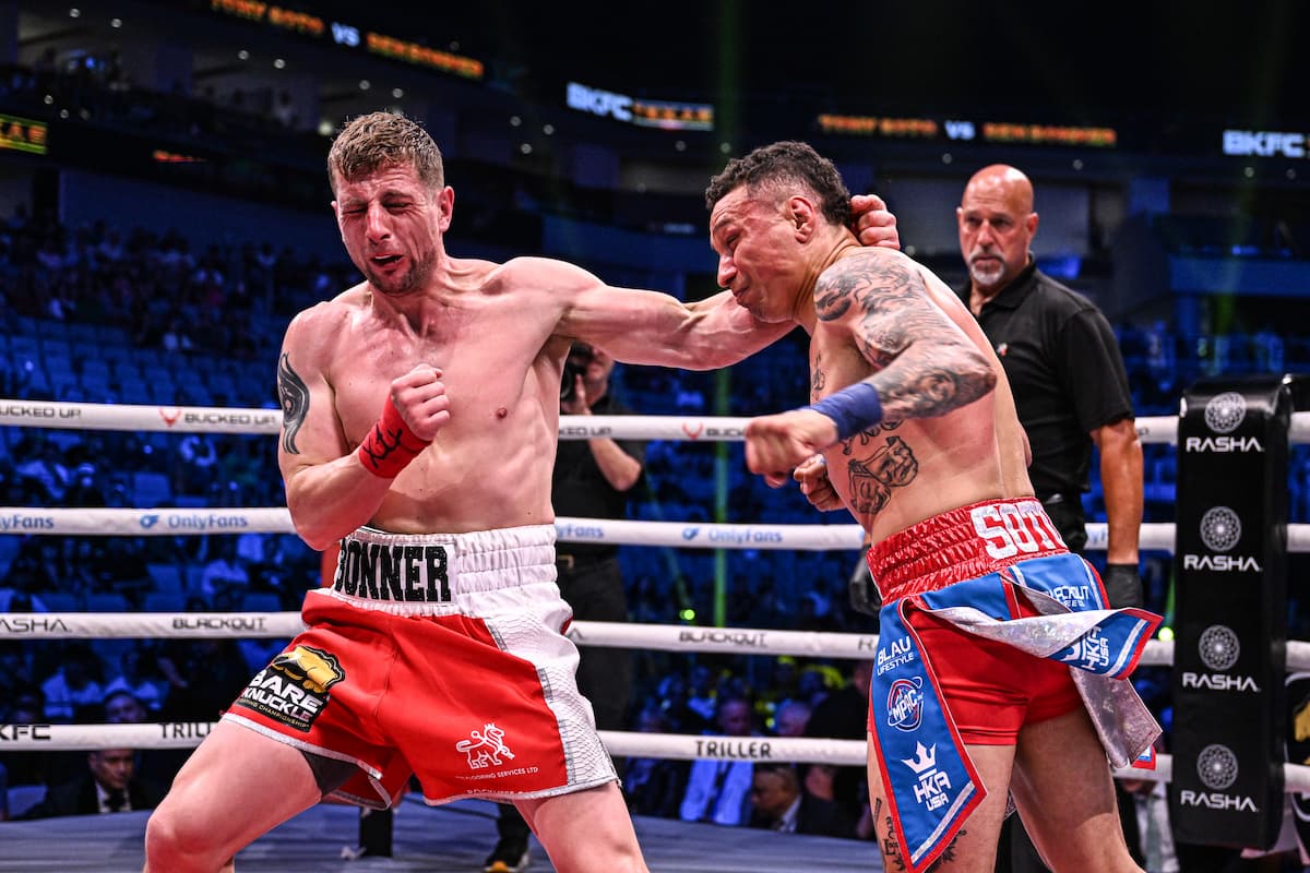 Ben Bonner punches Tony Soto during their bare-knuckle boxing bout at BKFC 76 Texas