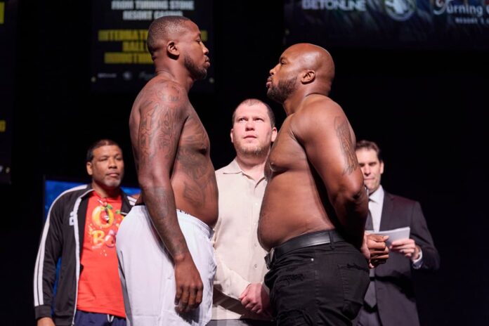 Brandon Moore and Stanley Wright come face-to-face at the weigh-in, ahead of their boxing bout in Verona, New York