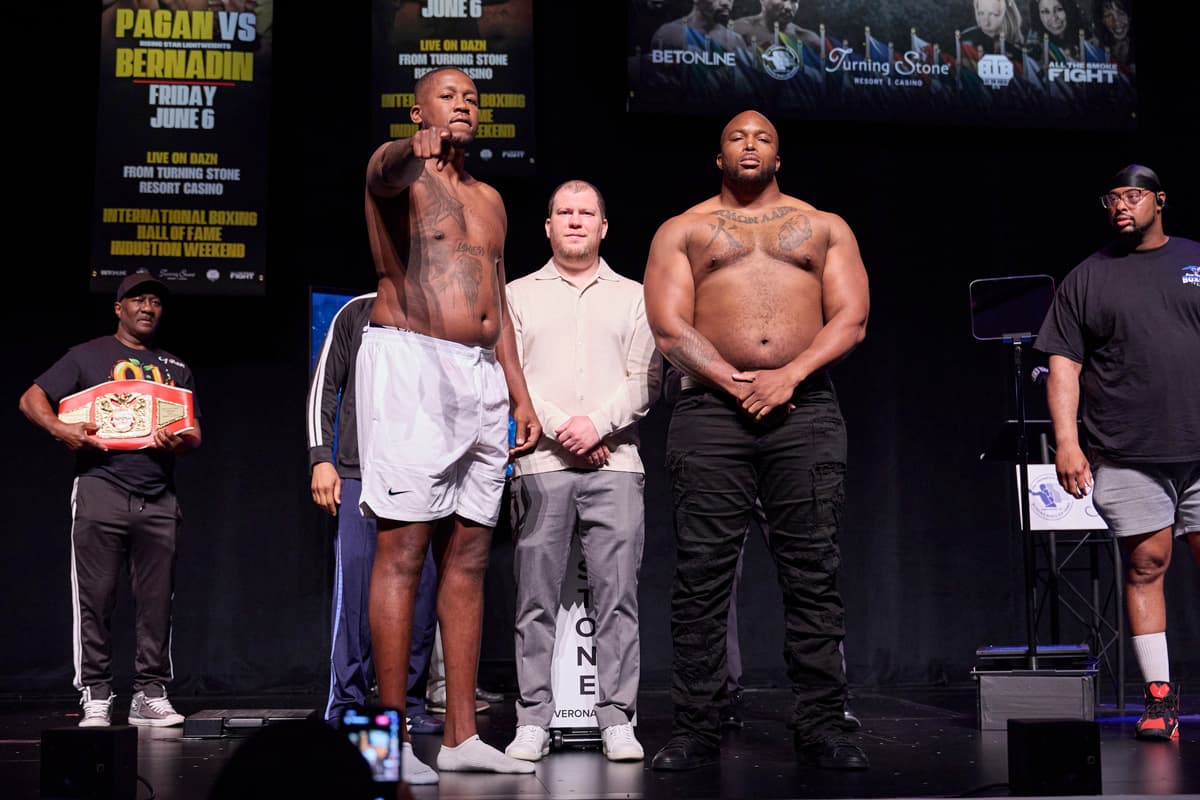 Brandon Moore and Stanley Wright at the weigh-in, ahead of their boxing bout in Verona, New York