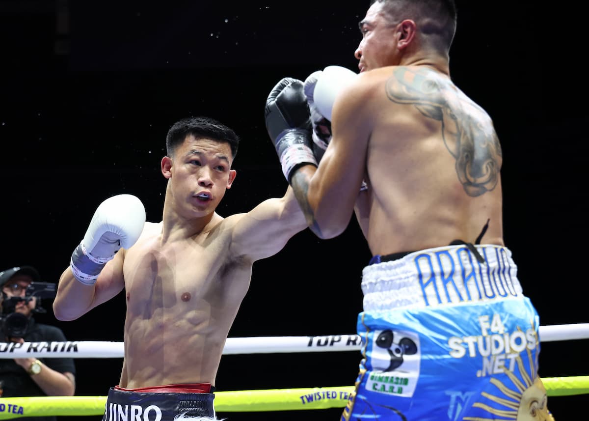 Brandun Lee throws a jab during his bout against Elias Damian Araujo in Newark, New Jersey