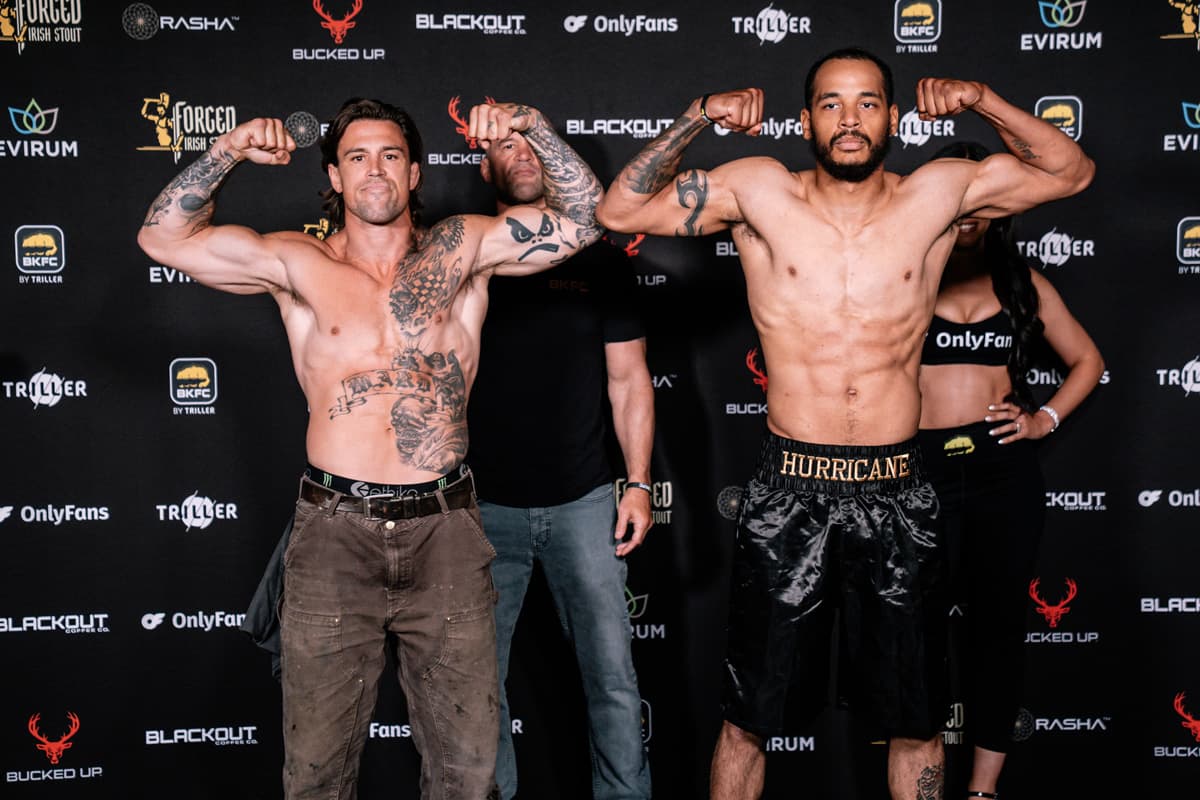 Brennan Ward and James Rumley during the weigh-in ahead of their bare-knuckle boxing bout at BKFC Mohegan Sun