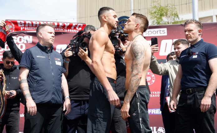 Callum Simpson and Ivan Zucco come face-to-face at the weigh-in, ahead of their boxing bout in Barnsley, England