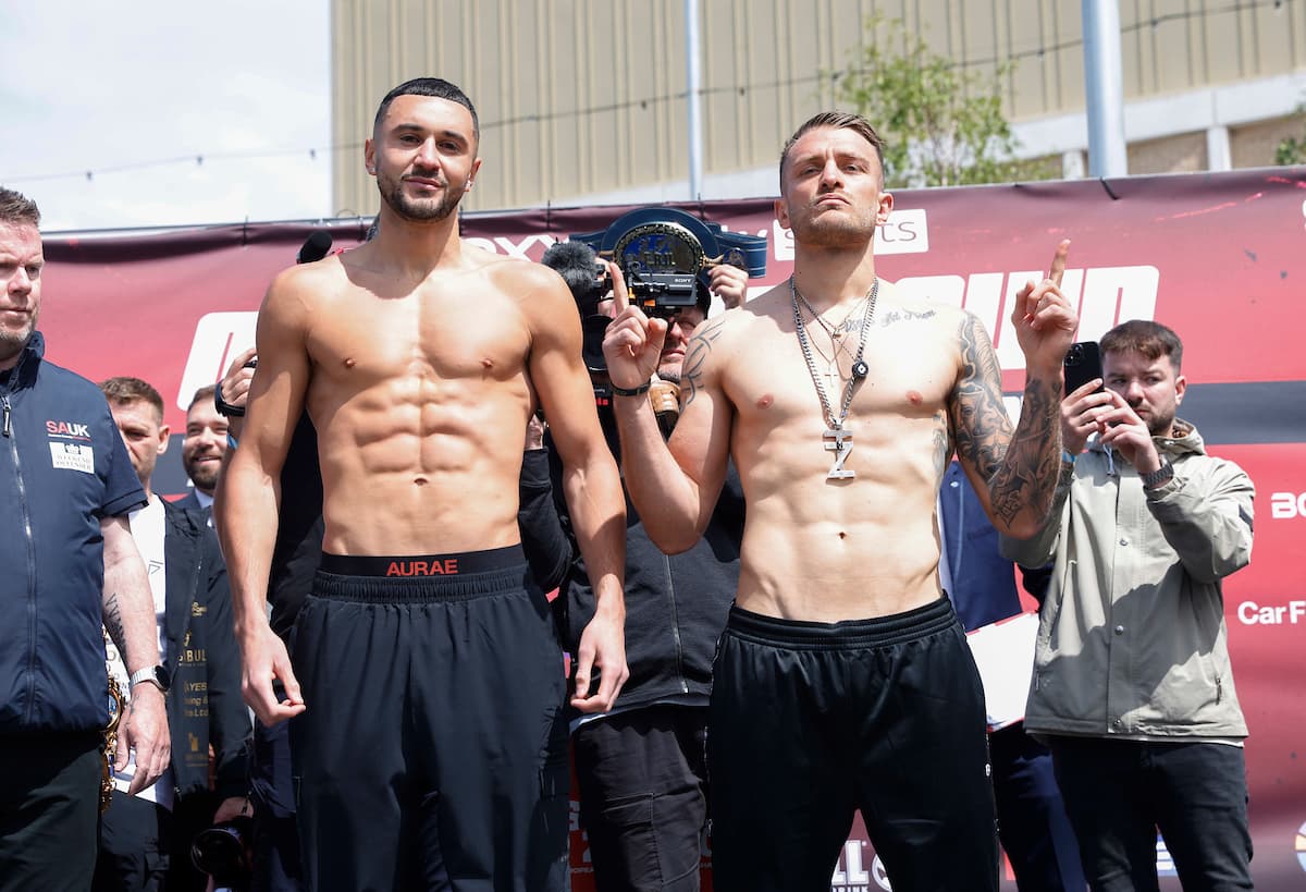Callum Simpson and Ivan Zucco faceoff at the weigh-in, ahead of their boxing bout in Barnsley, England