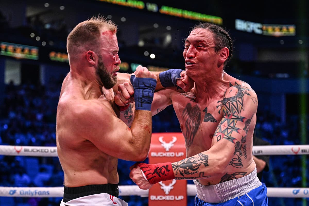 Cameron Delano and Jesse Desrosier during their bare-knuckle boxing bout at BKFC 76 Texas