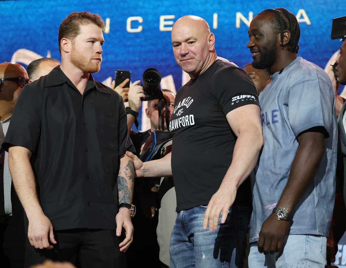 Canelo Alvarez, Dana White and Terence Crawford during the press conference at the 2025 Fanatics Fest NYC