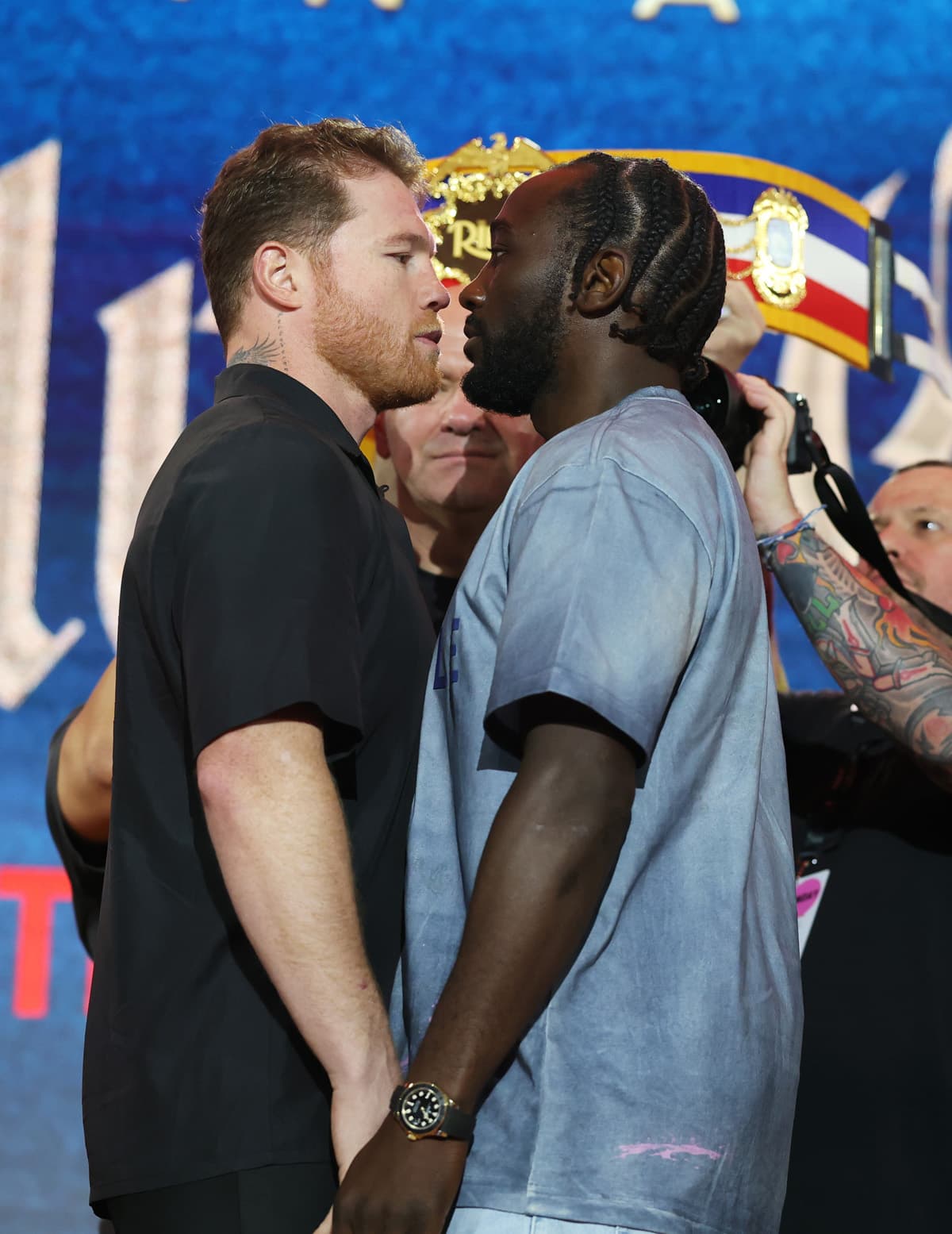 Canelo Alvarez and Terence Crawford during the press conference at the 2025 Fanatics Fest NYC