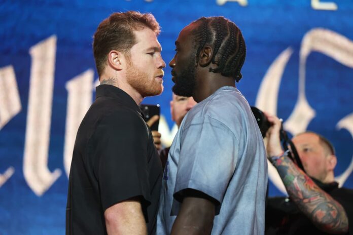 Canelo Alvarez and Terence Crawford come face-to-face during the press conference at the 2025 Fanatics Fest NYC