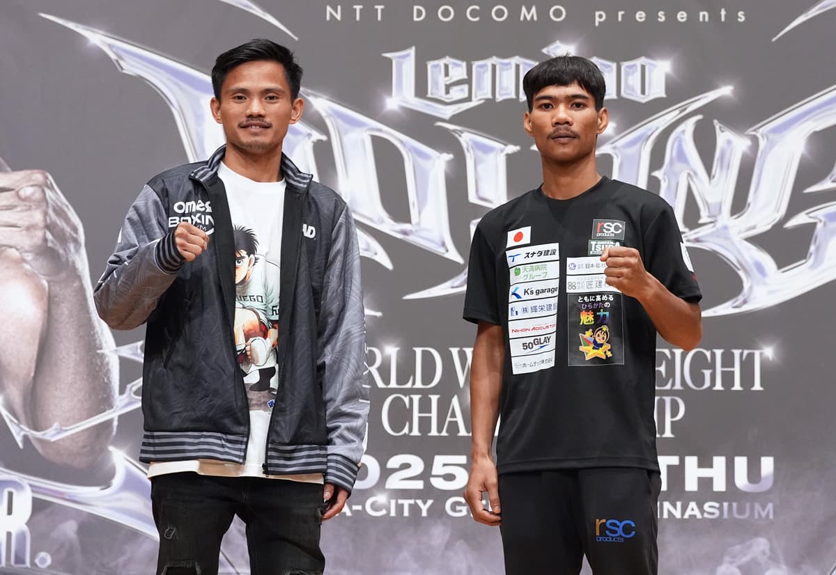 Christian Araneta and Thanongsak Simsri at the press conference ahead of their bout in Tokyo