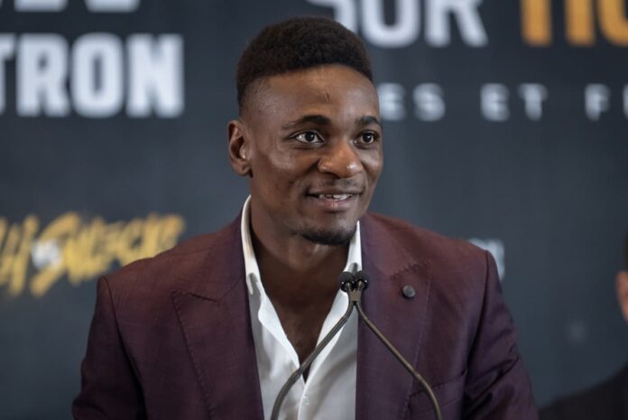 Christian Mbilli at the press conference ahead of his boxing bout against Maciej Sulecki in Québec City, Canada