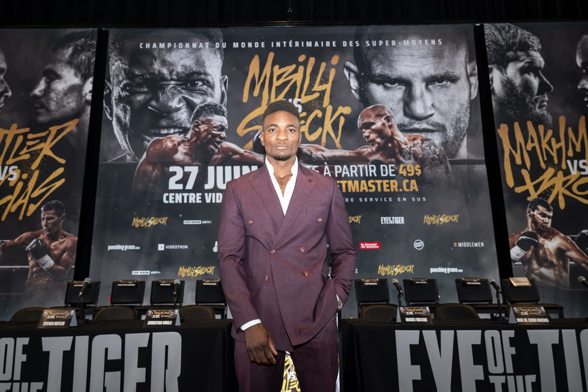 Christian Mbilli at the press conference ahead of his boxing bout against Maciej Sulecki in Québec City, Canada