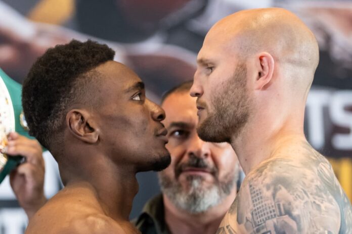 Christian Mbilli and Maciej Sulecki come face-to-face at the weigh-in, ahead of their boxing bout in Québec City, Canada