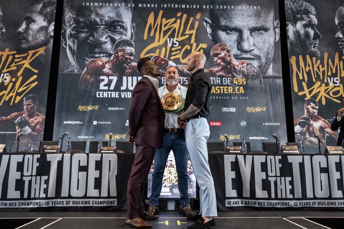 Christian Mbilli and Maciej Sulecki come face-to-face at the press conference ahead of their boxing bout in Québec City, Canada