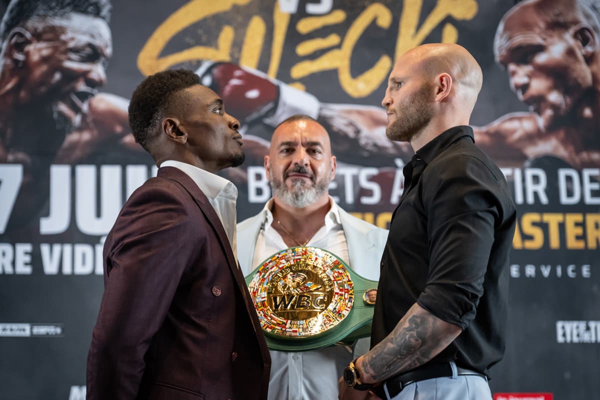 Christian Mbilli and Maciej Sulecki come face-to-face at the press conference ahead of their boxing bout in Québec City, Canada