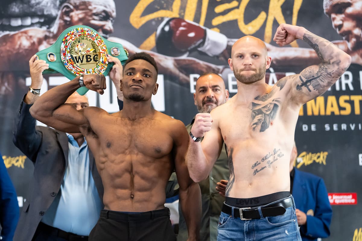 Christian Mbilli and Maciej Sulecki at the weigh-in ahead of their boxing bout in Québec City, Canada
