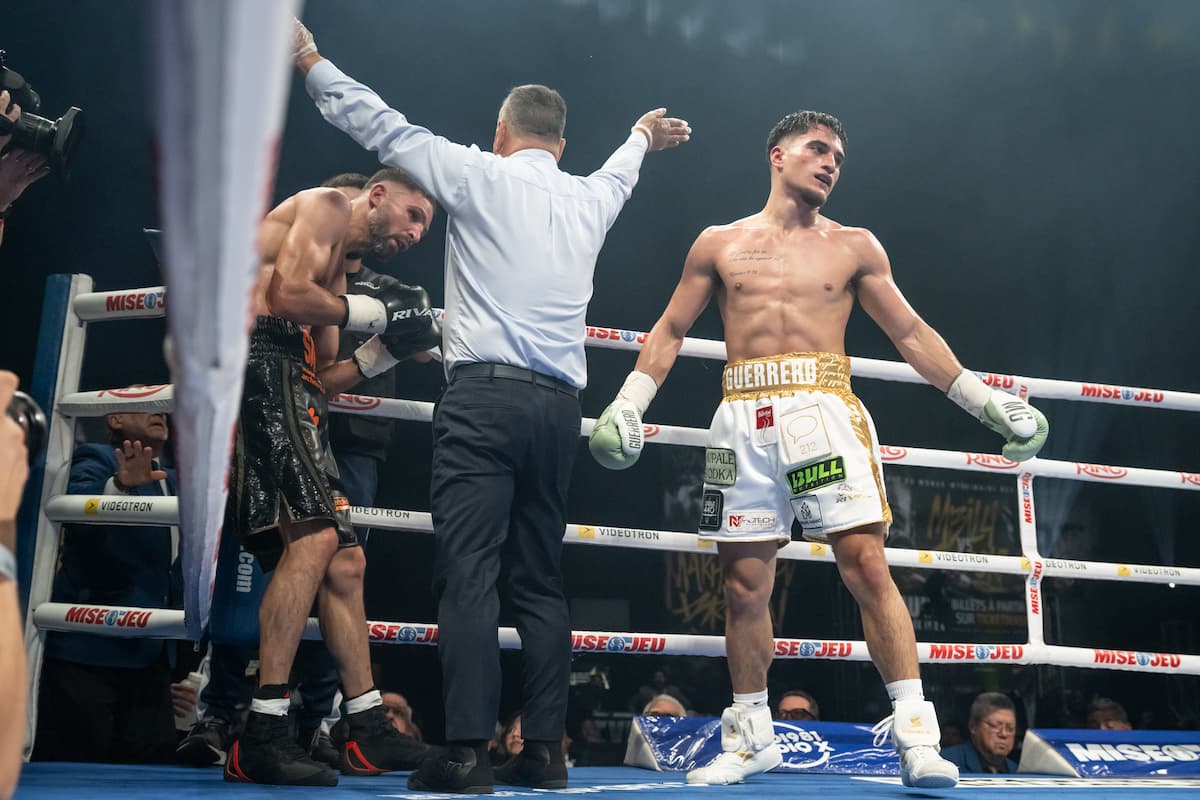 Christopher Guerrero TKO's Sandy Messaoud during their boxing bout in Québec City, Canada