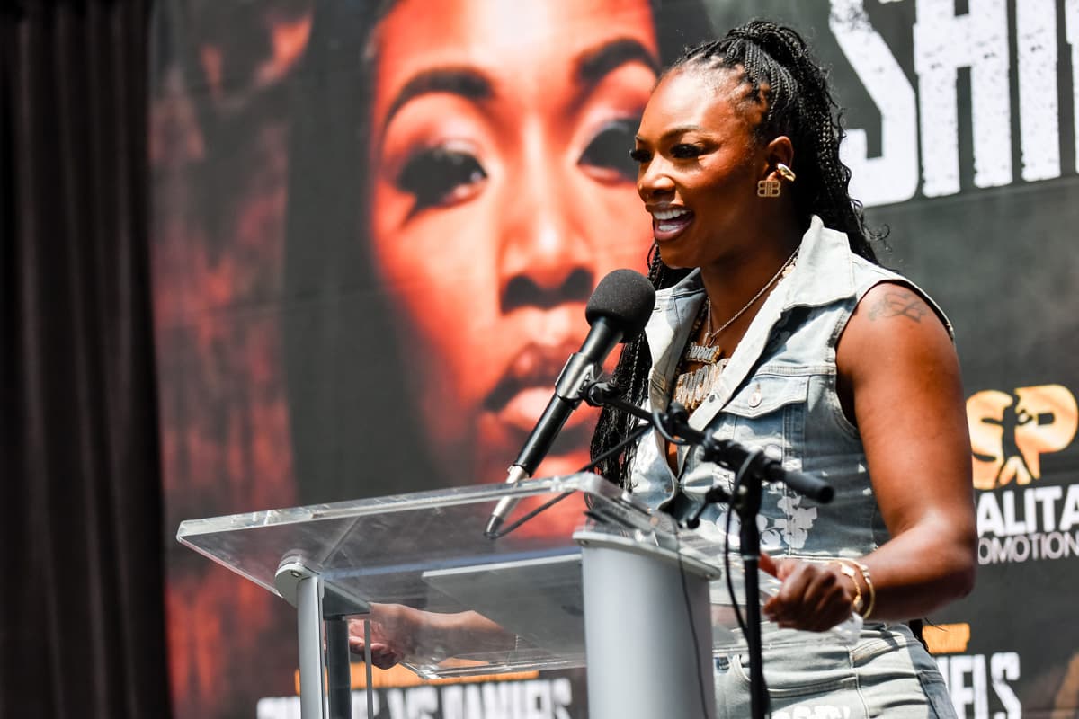 Claressa Shields at the press conference ahead of her bout against Lani Daniels in Detroit, MI