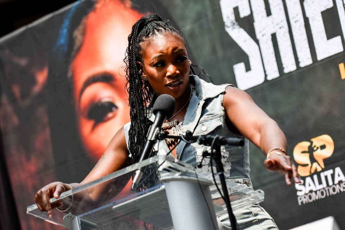 Claressa Shields at the press conference ahead of her bout against Lani Daniels in Detroit, MI