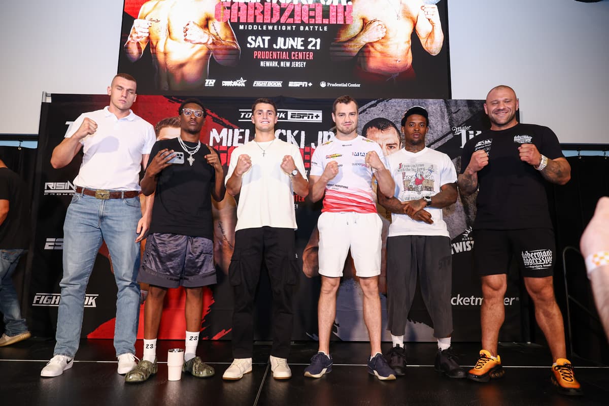 Damian Knyba, Jahi Tucker, Vito Mielnicki Jr, Kamil Gardzielik, Lorenzo Simpson, and Marcin Siwy during the press conference ahead of their bouts in Newark, New Jersey