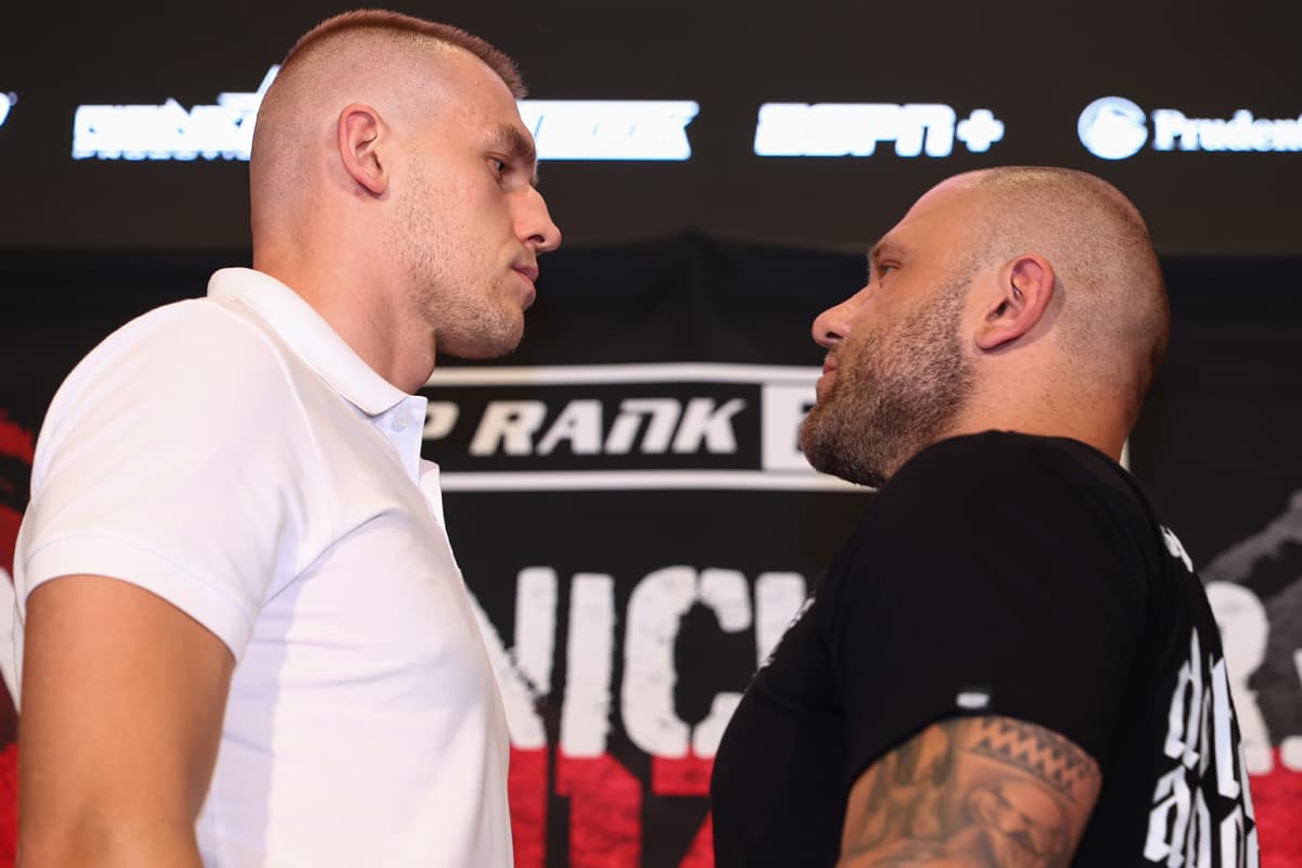 Damian Knyba and Marcin Siwy face each other during the press conference ahead of their bout in Newark, New Jersey