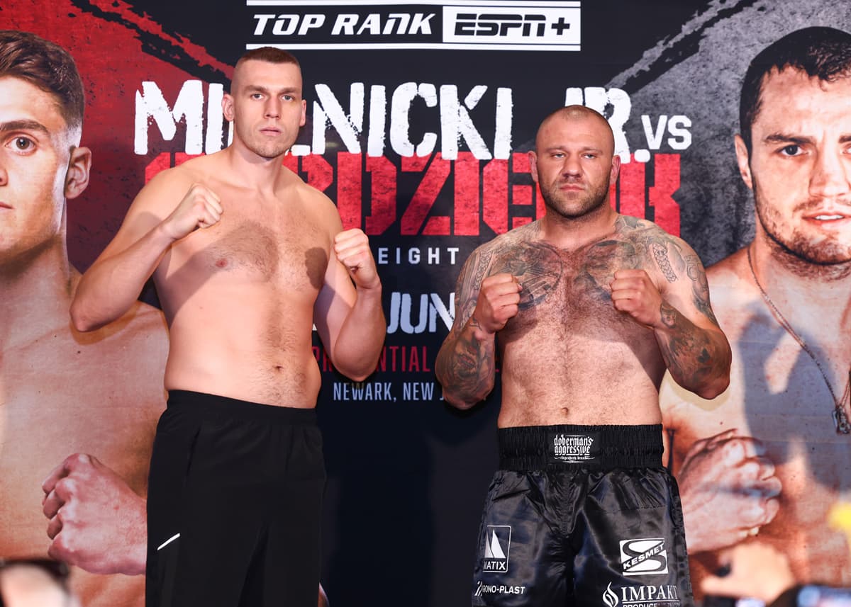 Damian Knyba and Marcin Siwy during the weigh-in ahead of their bout in Newark, New Jersey