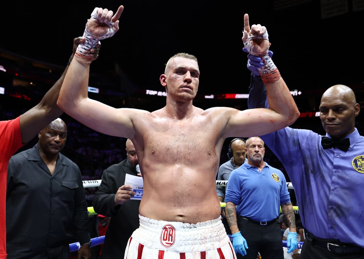 Damian Knyba takes victory over Marcin Siwy during their boxing bout in Newark, New Jersey