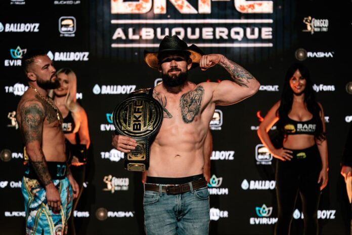 David Mundell poses at the weigh-in ahead of his bout against Donald Sanchez at BKFC 75 Albuquerque