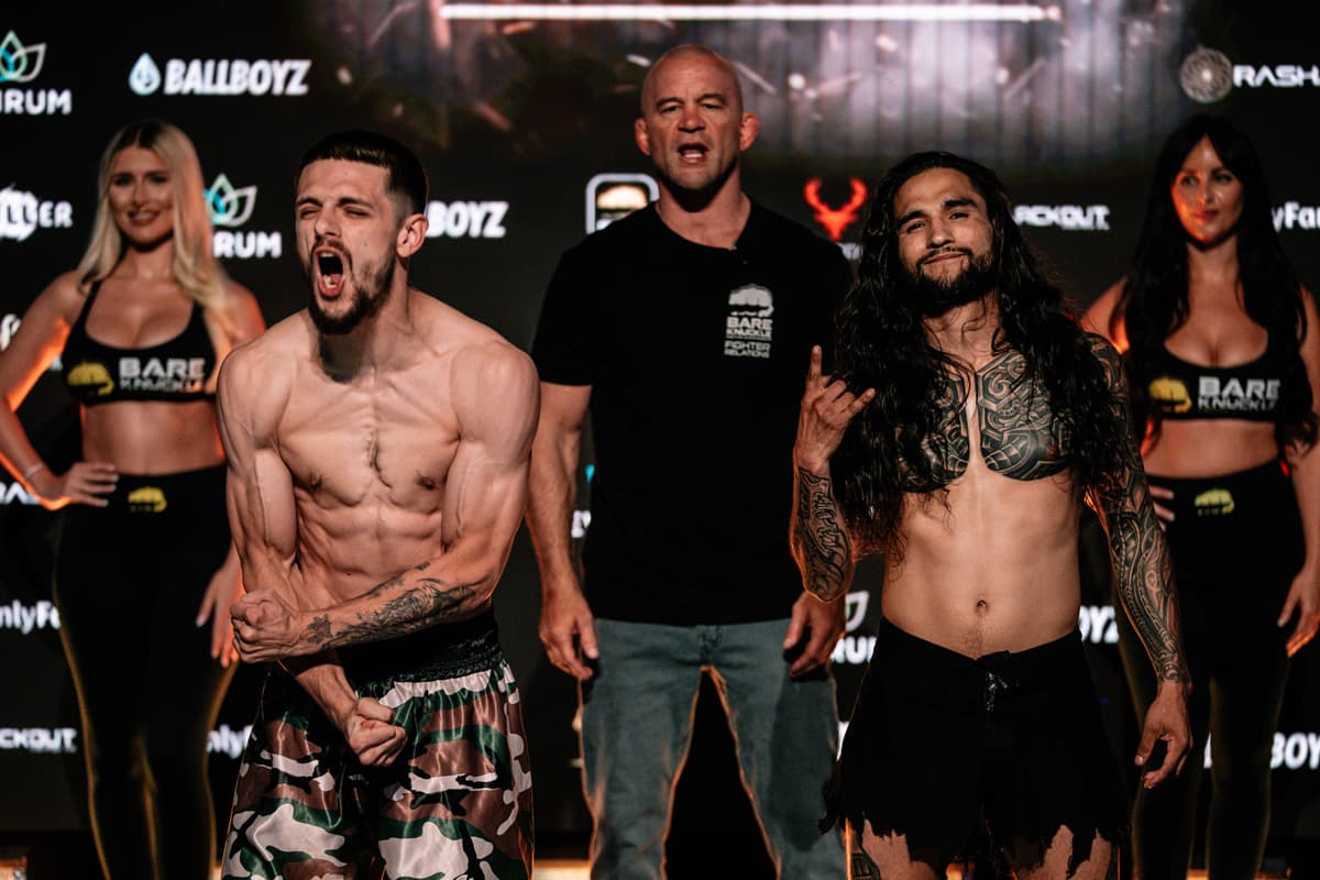 Dominick Carey and Zay Garcia at the weigh-in ahead of their bout at BKFC 75 Albuquerque