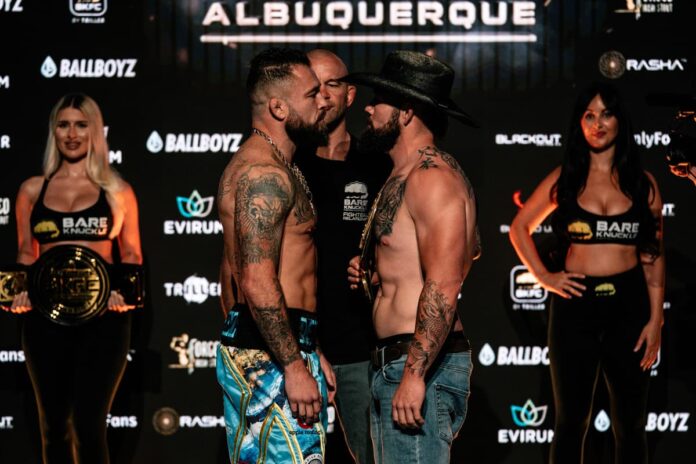 David Mundell and Donald Sanchez face off at the BKFC 75 weigh-in, ahead of their bare-knuckle boxing bout in Albuquerque, New Mexico
