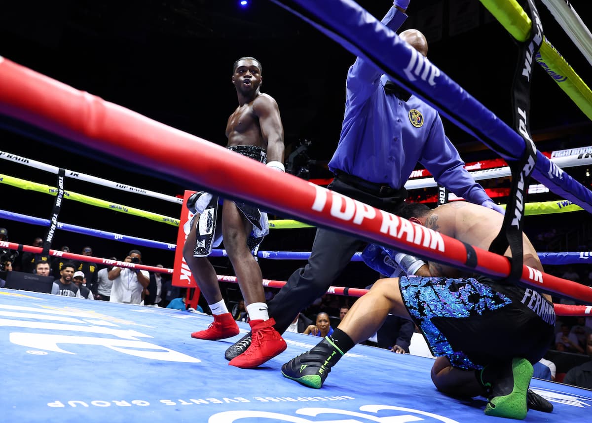 Dwyke Flemmings Jr. drops Demian Daniel Fernandez during their boxing bout in Newark, New Jersey