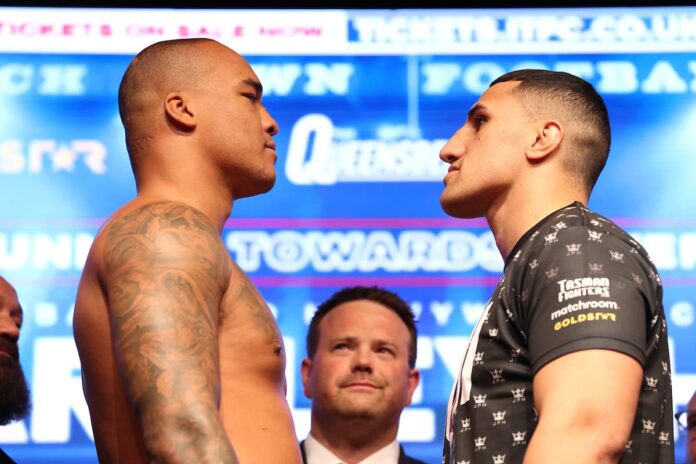 Fabio Wardley and Justis Huni come face-to-face at the weigh-in, ahead of their boxing bout in Ipswich, England