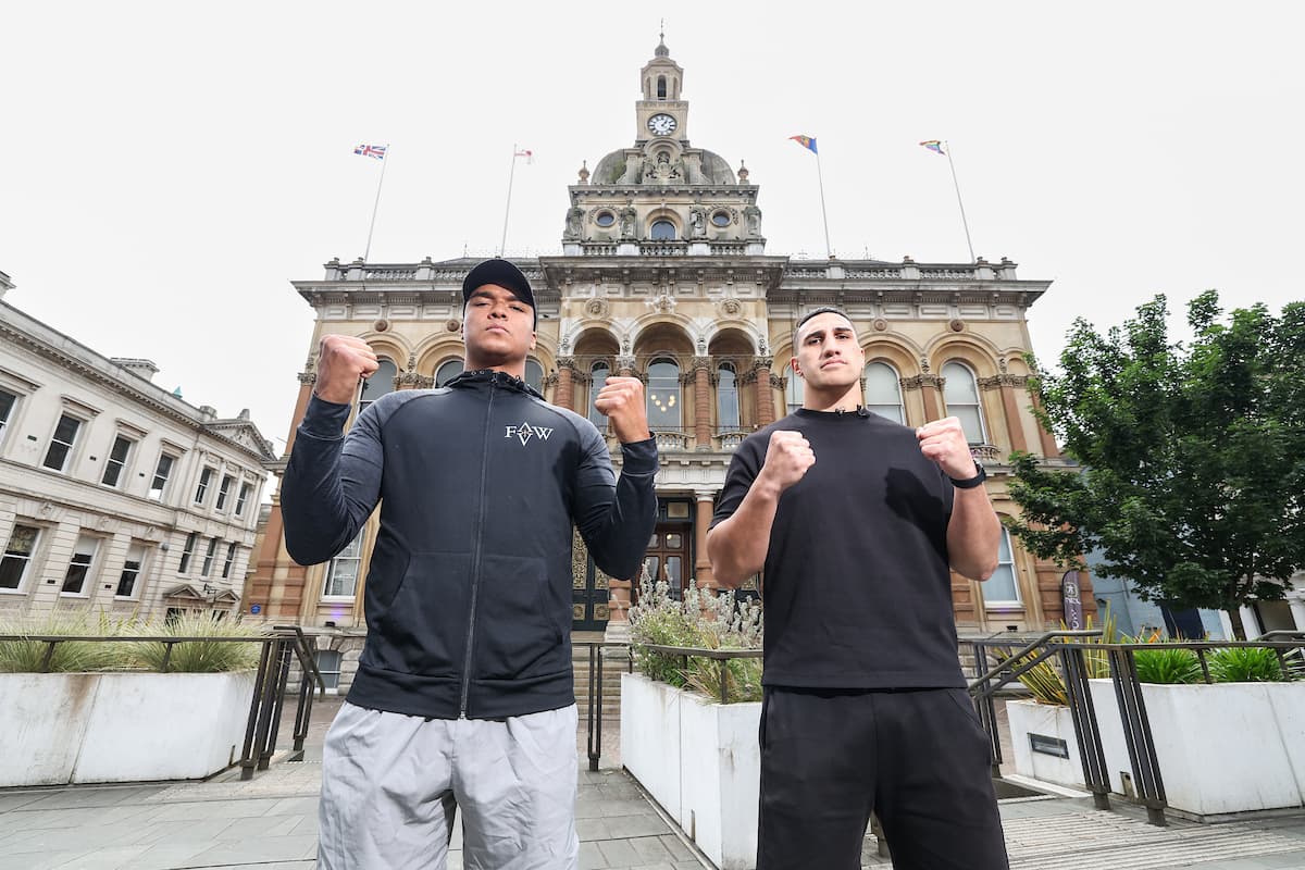 Fabio Wardley and Justis Huni pose outside Ipswich Town Hall