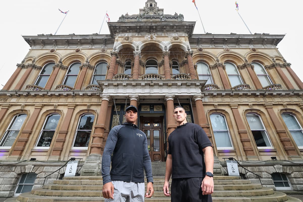 Fabio Wardley and Justis Huni pose outside Ipswich Town Hall