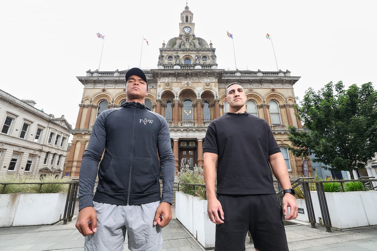 Fabio Wardley and Justis Huni pose outside Ipswich Town Hall