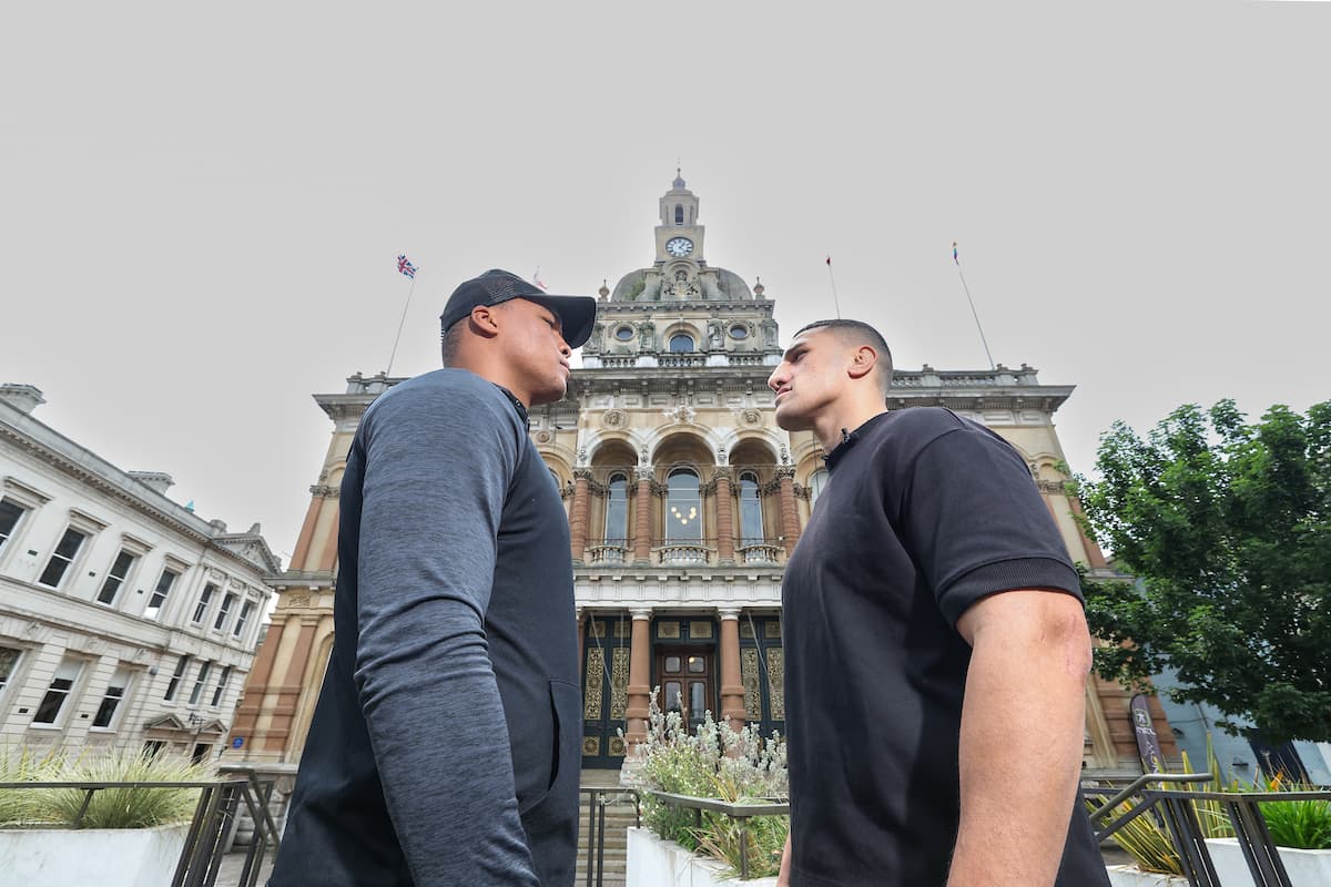 Fabio Wardley and Justis Huni come face to face outside Ipswich Town Hall