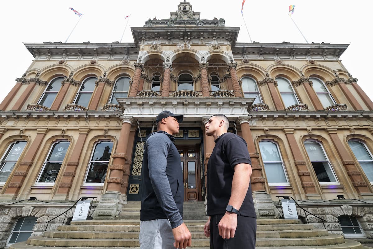 Fabio Wardley and Justis Huni come face to face outside Ipswich Town Hall