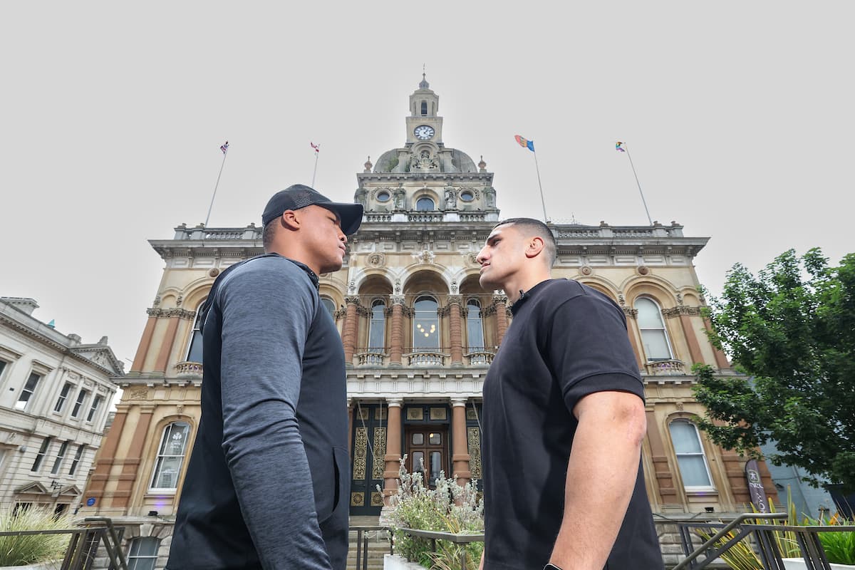 Fabio Wardley and Justis Huni come face to face outside Ipswich Town Hall