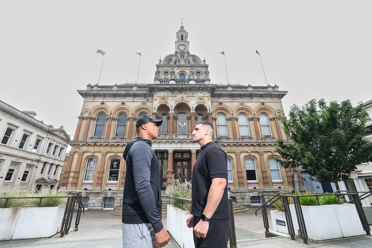 Fabio Wardley and Justis Huni come face to face outside Ipswich Town Hall